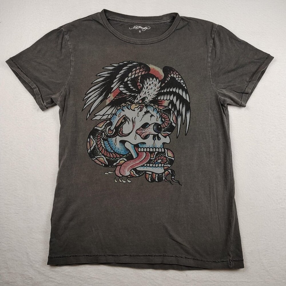 VTG Ed Hardy Cotton T Shirt Mens sz S Gray Eagle Snake Skull Y2K